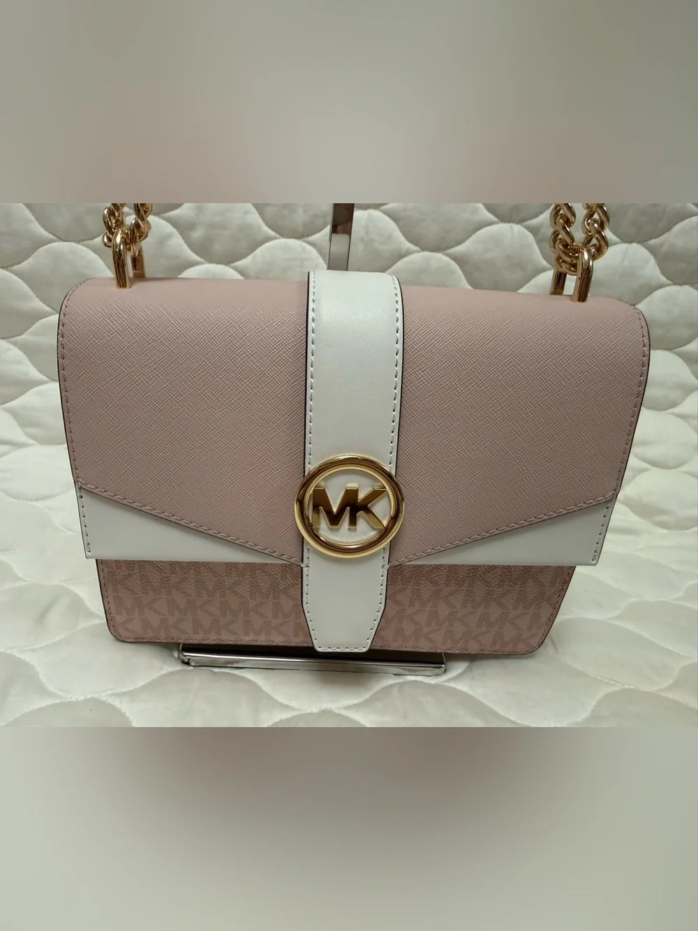 Michael Kors Blush Pink & White Leather Shoulder Bag with Gold MK Accent